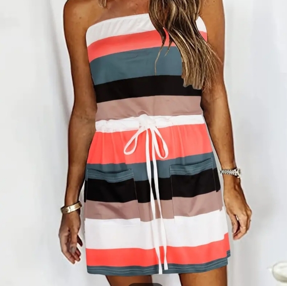 Unk Dresses & Skirts - Striped Off Shoulder Dress, Casual Drawstring PocketsVacation Mini Dress, Womens